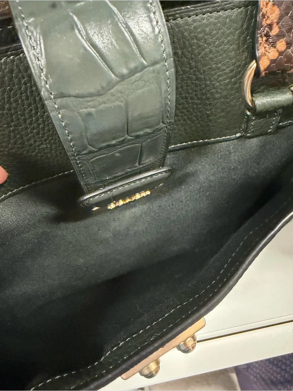 Coach Forest Green Pebbled Leather Satchel with Snake-Print Straps